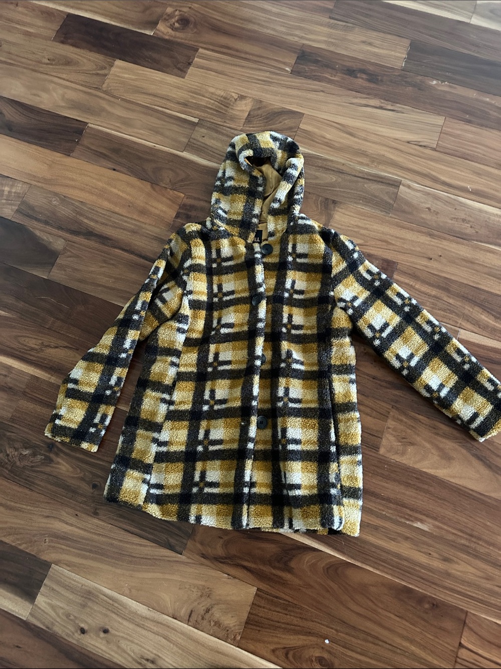 Big Chill Hooded Plaid Pea Coat - Mustard Black White